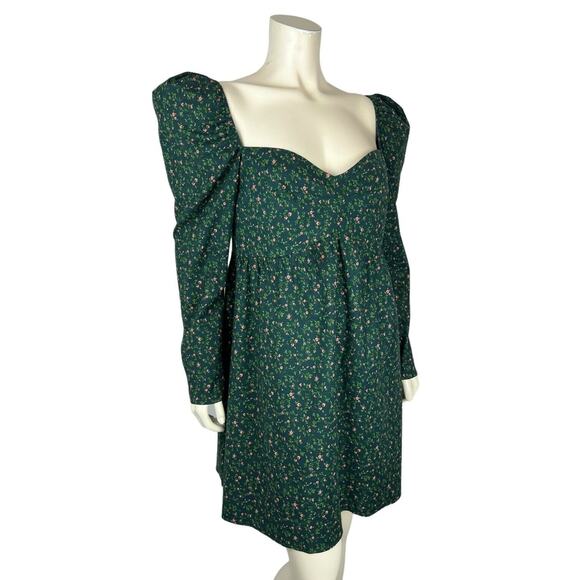 Reformation Green Floral Print Kenzi Dress Size 12 Puff Sleeve Babydoll Mini - Picture 2 of 12
